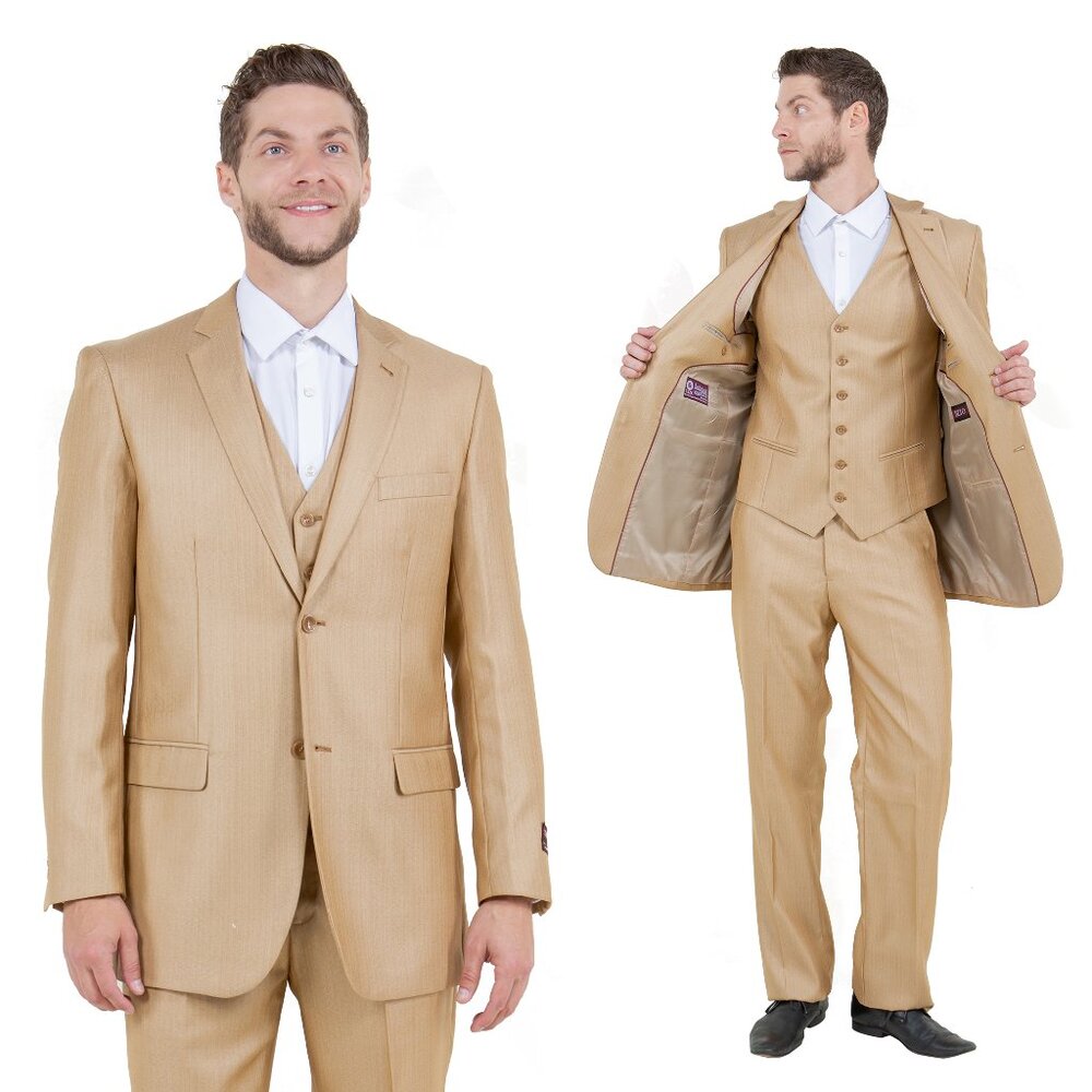 Modern Fit Sharkskin 3pc Men's Suit Set, Wheat